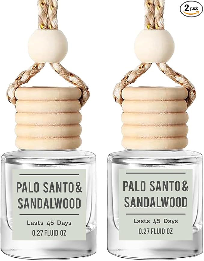 Palo Santo & Sandalwood (Santal) Hanging Car Air Freshener – Long Lasting Essential Oil Diffuser for Car, Closet, Bathroom – 2-Pack Natural Scent Deodorizer for men and women
