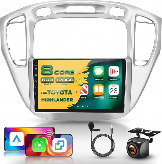 8 Core 6G 128G Radio for Toyota Highlander 2000-2007 Android 9 Inch Touchscreen Wireless Carplay Android Auto, Car Stereo Upgrade Bluetooth DSP GPS Navigation WiFi FM/RDS