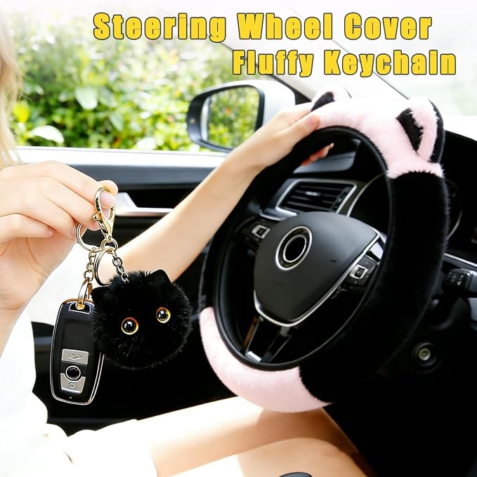 Fluffy Car Steering Wheel Cover with Cute Ears Fit 14"-15" Black and Pink | Steering Wheel Covers with Keychain Universal Elastic Steering Wheel Protector Accessories for Women Girls