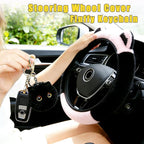 Fluffy Car Steering Wheel Cover with Cute Ears Keychain Women Black Pink | Steering Wheel Covers 14-15 inch Universal Elastic Steering Wheel Protector Accessories for Girls