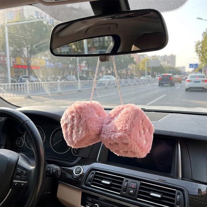 Fuzzy Plush Dice for Car Mirror, Pair of Retro 3” Light Pink Dice with White Dots for Car Interior Hanging Ornament Decoration (Light Pink)