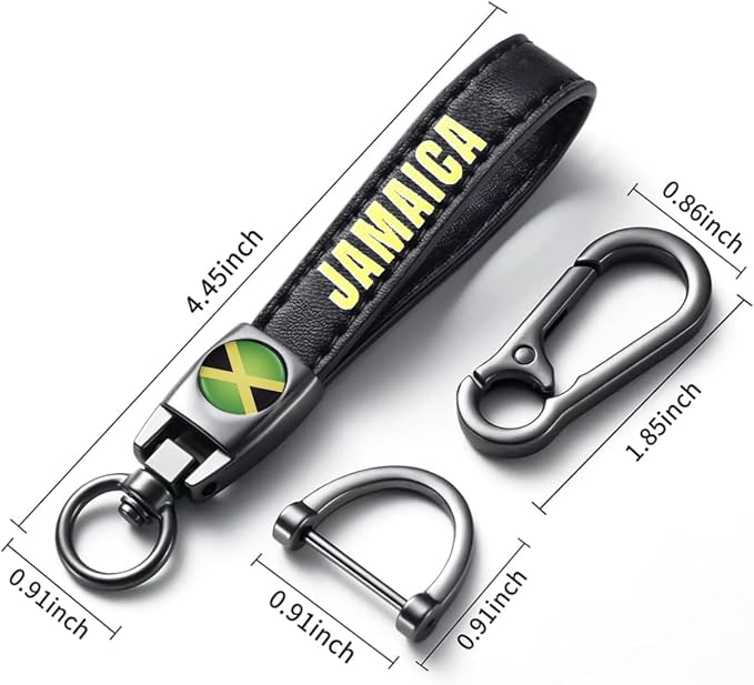 Jamaica Flag Tire Valve Stem Caps and Genuine Leather Car Keychain Keyring Compatible with Jamaican Flag Accessories (Jamaica)