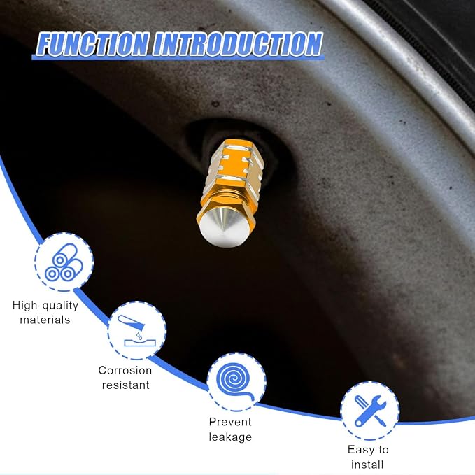 4PCS Tire Valve Stem Caps, Aluminum Tire Valve Cap, Dustproof Leak-Proof Wheel Valve Cover, Corrosion-Resistant Hexagon Stem Covers, Universal for Cars, SUVs, Trucks, Motorcycles, Bikes (Gold)