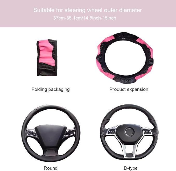 Ultra Fine Carbon Fiber Leather Steering Wheel Cover, Anti Slip and Sun Protective Protect the Steering Wheel, Easy to Install,Universal of 14.5"-15" (Pink)