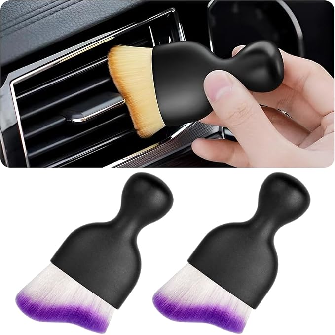 2PCS Car Interior Detailing Brush with Dust Cover, Auto Soft Hair Cleaning Brushes, Scratch Free Curved Dirt Collectors, for Vehicle Dashboard Air Conditioner Vents Leather (Purple/2PCS)