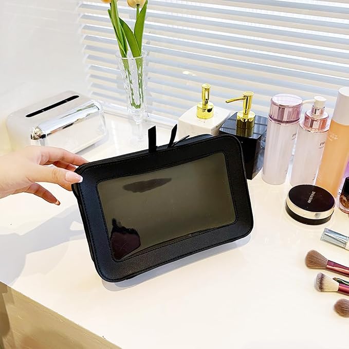 Clear Makeup Bag, Black Travel Makeup Pouch Toiletry Bag for Women Waterproof Small Cosmetic Bag Case Small Make Up Bag with Zipper Car Organizer Car Essentials for Women Men