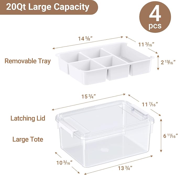80Qt Stackable Storage Bins with Lids & Trays, Clear Plastic Latching Boxes Organizers with Dividers Portable 20Gal Containers for Arts & Crafts, Home and Car Trunk Organization, 4Pack