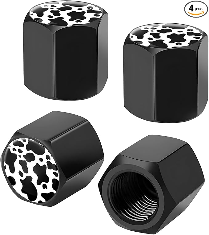 4 PCS Tire Valve Stem Caps, Cute Cow Print Airtight Dust Proof Tire Valve Covers, Corrosion Resistant Aluminum Wheel Stem Caps for Cars, Trucks, SUVs (Cow Print)