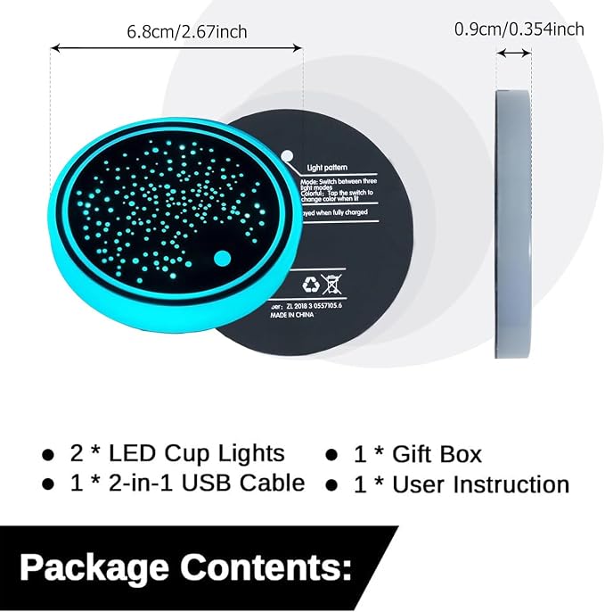 2PCS LED Car Cup Holder Lights, Light up Car Coasters for Cup Holders 7 Colors Changing USB Charging Mat Waterproof Cup Pad, Car Gifts for Men & Women