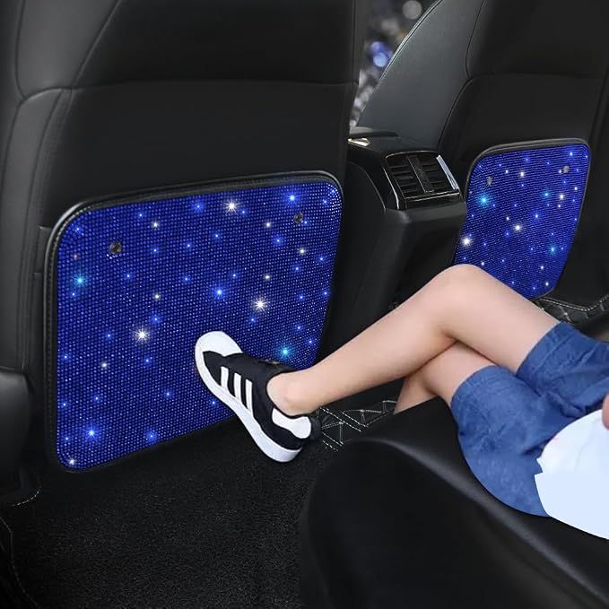 Bling Rhinestone Kick Mats Back Car Seat Protectors Premium Car Interior Decor Accessories for Women and Girls Auto Seat Back Protector with Crystal Diamonds Universal Fits Stylish Blue 2Pcs