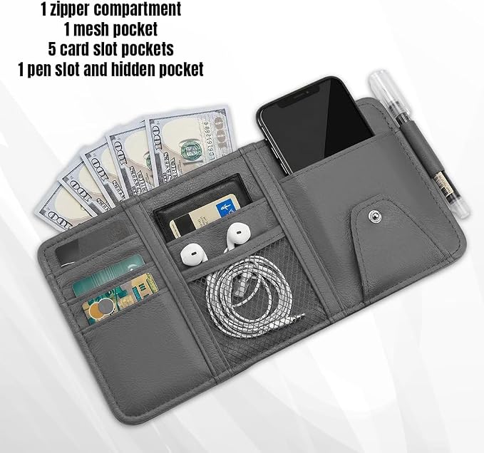 Car Sun Visor Organizer, Truck Visor Organizer, Leather Multi-Pocket Auto Visor Storage Pocket Pouch Holder with Zipper, Auto Accessories Storage Bag for Driving License Card Pen (Grey)