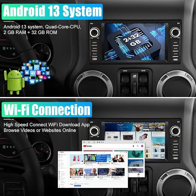 Android Car Stereo for Jeep Wrangler JK 2007-2018 Dodge RAM | RAM 1500 2500 3500 2009-2012, Carplay Android Auto Support, Built in Bluetooth WiFi, 2G RAM 32G ROM