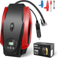 Tire Inflator Portable Air Compressor, 12V DC Air Pump for Car Tires, Bike, Motorcycle, Ball, Electric Bike Tire Pump with Pressure Gauge, LED Light, Auto Shut Off, Red, TOOLS-00679-RD