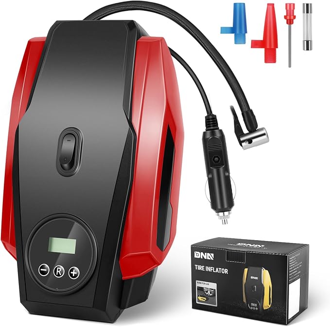 Tire Inflator Portable Air Compressor, 12V DC Air Pump for Car Tires, Bike, Motorcycle, Ball, Electric Bike Tire Pump with Pressure Gauge, LED Light, Auto Shut Off, Red, TOOLS-00679-RD