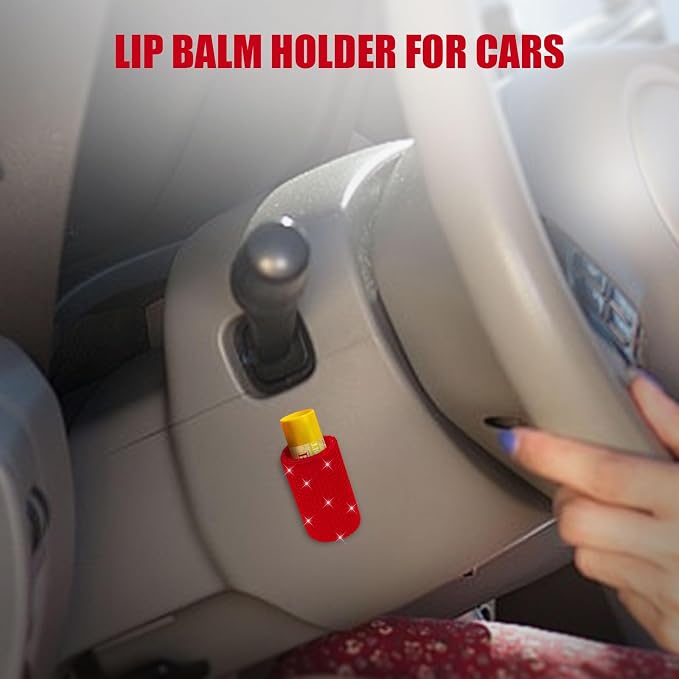 Upright Car Chapstick Holder, Bling Insulating Lip Balm Holder,Rhinestone Car Accessories for Women Interior,Suitable for Most Vehicles. (Red)