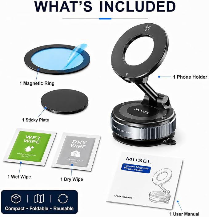 MUSEL Magnetic Car Phone Holder for MagSafe, Vacuum Mount for iPhone 17-12 | 88 lb suction hold, 2600 gf magnetic force, 22 N55 magnets, 360 degree rotation, bottom plate and ring included, dash mount