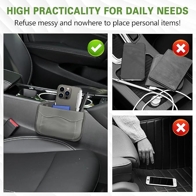 Car Seat Side Pocket Organizer, PU Leather Car Seat Gap Filler Bag, Car Seat Pocket Storage Bag for Phone, Keys, Sunglass, Wallet, Car Organizer Accessories for Seat, Door, Window (Grey)