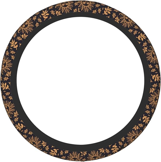 Elastic Sun Moon Leaves Car Steering Wheel Cover Protector Upgrade Thicken,Gold Boho Black,Anti Slip Durable Soft Car Interior Decor for Diverse Cars Truck SUV for Men Women Universal 15 Inch
