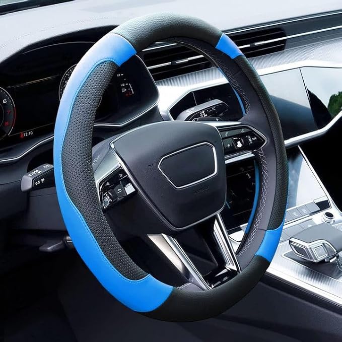 Blue Steering Wheel Cover Microfiber Leather Sporty Car Accessories for Men and Women,Breathable Non-Slip Universal Fit 14 1/2-15 Inch(Black and Blue)