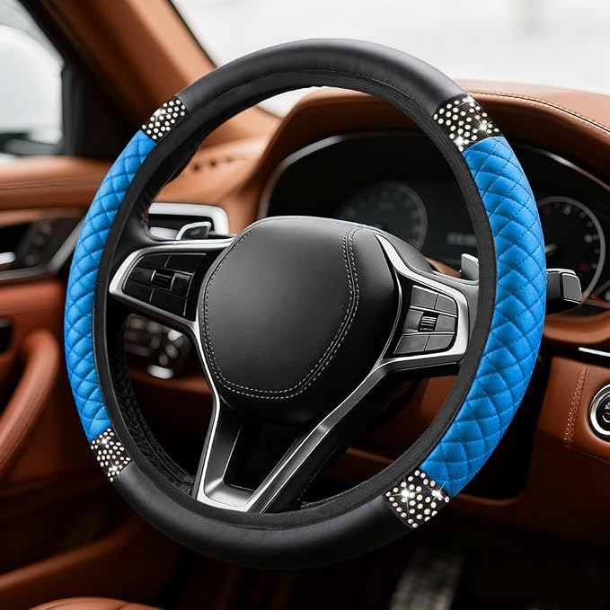Bling Soft Leather Steering Wheel Cover, Steering Wheel Protector, 15 Inch Rhinestones Car Elastic Protector with Crystal Diamond for Women Girls, Car Accessory for Vehicles (Blue)