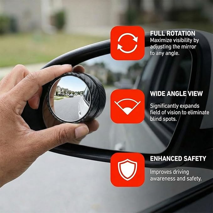 2PCS Car Blind Spot Mirror with Suction Cup, 360°Adjustable HD Glass Automotive Rear View Mirror, Universal Carbon Fiber Wide-Angle Side Mirrors for Cars, SUVs, Trucks(Black)