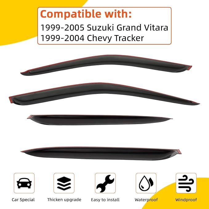 Rain Guards Compatible with 1999-2005 Suzuki Grand Vitara, 1999-2004 Chevy Tracker Tape-On Side Window Visor Wind Deflector Vent Visors Car Accessories 4pcs