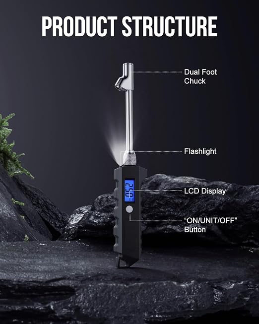 Digital Tire Pressure Gauge, Heavy Duty Stainless Steel Dual Head Tire Gauge 0-230 PSI with Flashlight & Backlit LCD, Car Accessories for RV Truck & Cars