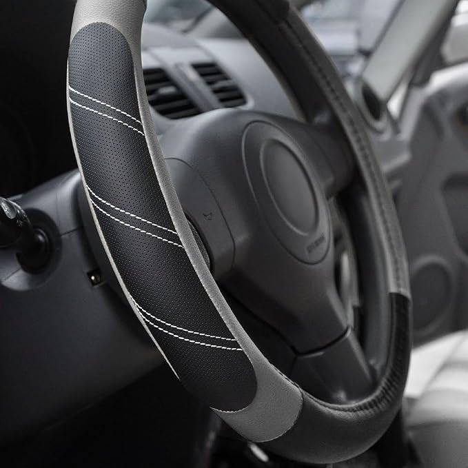 Leather Large Steering Wheel Cover 15 1/2 to 16 inch Soft Grip Breathable for Car Truck SUV Jeep Anti Slip Black and Gray
