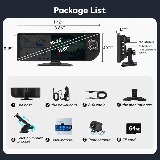 10.26" Wireless CarPlay Screen for Car, Portable Apple Car Play & Android Auto HD Touchscreen with 4K Dash Cam/1080P Backup Camera/GPS Navigation/Mirror Link/FM/Voice Control for All Vehicles
