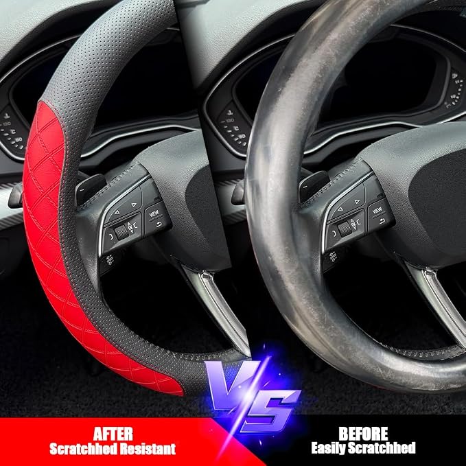 Nappa Leather Steering Wheel Cover, Elegant Diamond Checkered Design, Non-Slip wear-Resistant, Enhance Driving Comfort, Suitable for Steering Wheel Diameter 14 1/2‘-15’ Models.Black Red