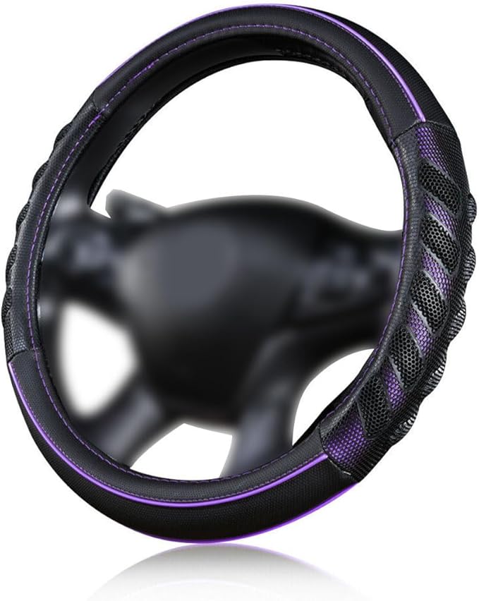 car Steering Wheel Cover Faux Leather Massage Universal fit 3D Honeycomb Hole Anti-Slip Sporty 15 Inches (Purple Black)