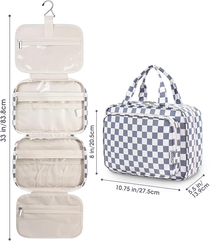 Hanging Toiletry Bag for Women Travel Makeup Bag Organizer Toiletries Bag for Travel Size Essentials Accessories Cosmetics (Grayish Blue Checkerboard (Medium))
