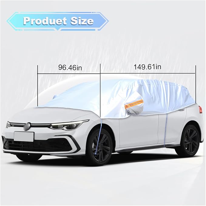 Half Car Cover for Sedan, Waterproof & Dustproof & Snowproof Automotive Windshield Covers, All-Weather Auto Sun Protection with Reflective Straps, 150" Vehicle Sunroof Cover (Hatchback)