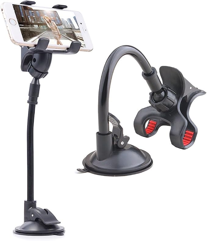 Car Phone Mount Windshield, Long Arm Clamp Universal Windshield with Double Clip Strong Suction Cup Cell Phone Holder Compatible with iPhone 15 14 13 Pro Max XS 7 8 Plus, Galaxy S24 S23 Ultra