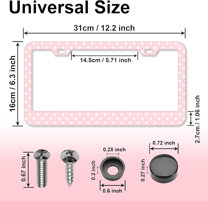 Polka Dots License Plate Frames，Polka dots Car Accessories for Women and Men ，Cute License Plate，Aluminum License Plate Frame Fits Standard US Vehicles Size 12.2 x 6 Inch (Pink-Polka dots)