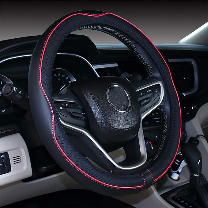 Large Size Steering Wheel Cover Anti-Slip,Safety,Soft,Breathable,Durable,Full Surround,Comfortable Grip Microfiber Leather (15.5-16 inch, Black Red)