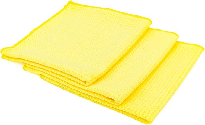 Standard Waffle Weave Microfiber Towels (3-Pack) Detailing, Window, Glass and Drying, Wax & Polish, Lint-Free, Streak-Free, 370gsm, 16in x 16in, Yellow