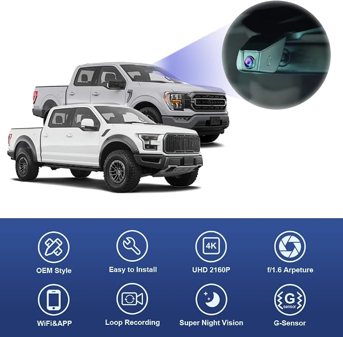4K Dash Cam Suitable for Ford F150 & F250 2021-2025 Limited XLT XL Raptor Lariat Platinum King Ranch Tremor, OEM Look, UHD 2160P Video, WiFi&APP, Loop Recording, G-Sensor, Plug&Play, 64GB Card