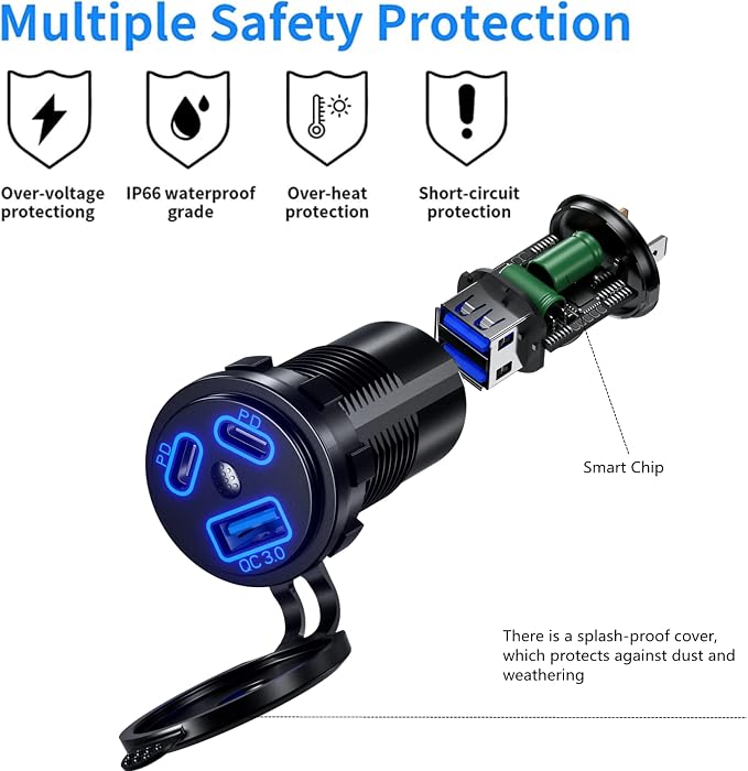 12V USB Outlet Car Charge, 108W Super Fast Dual Charging Port | PD3.0 & QC3.0 3-Port Port for Car, USB C Cigarette Lighter Replacement 12V Socket Waterproof for Marine Motorcycle RV Golf