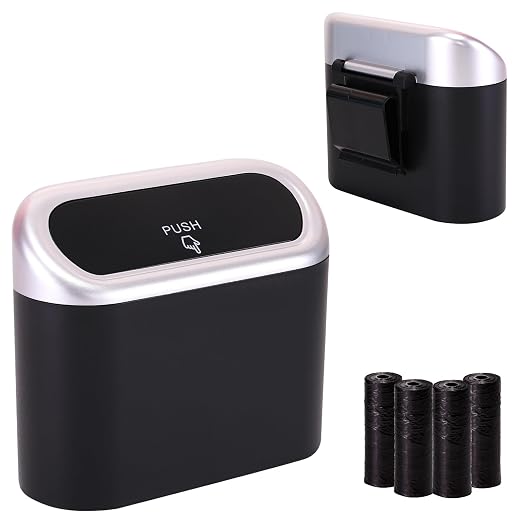 Mini Car Trash Can with Lid, Small Car Garbage Can, Cute Leakproof ABS Car Trash Bin, Car Accessories for Interior, Garbage Bin for Car, Home, Office with 60pcs Trash Bags Black/Silver