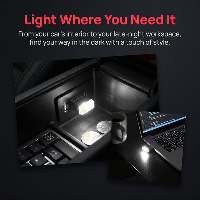 4PCS USB LED Car Interior Atmosphere Lamp, Portable Mini, White | 5V USB-A plug-in, soft accent glow, no wiring, decor night light, car accessories for cars, SUVs, trucks