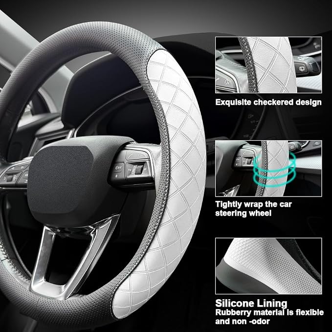 Nappa Leather Steering Wheel Cover, Elegant Diamond Checkered Design, Non-Slip wear-Resistant, Enhance Driving Comfort, Suitable for Steering Wheel Diameter 14 1/2‘-15’ Models.Black White