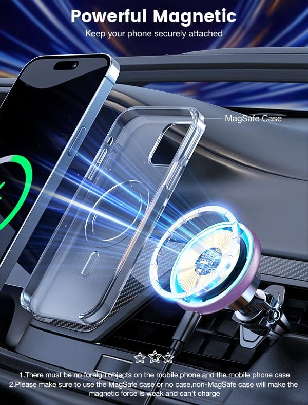 for Magsafe Car Mount Charger-15W Wireless Car Charger-Magnetic Car Phone Holder for Dash Air Vent-LED RGB HandsFree Car Mount Fast Car Charger for iPhone 14/13/12 Series