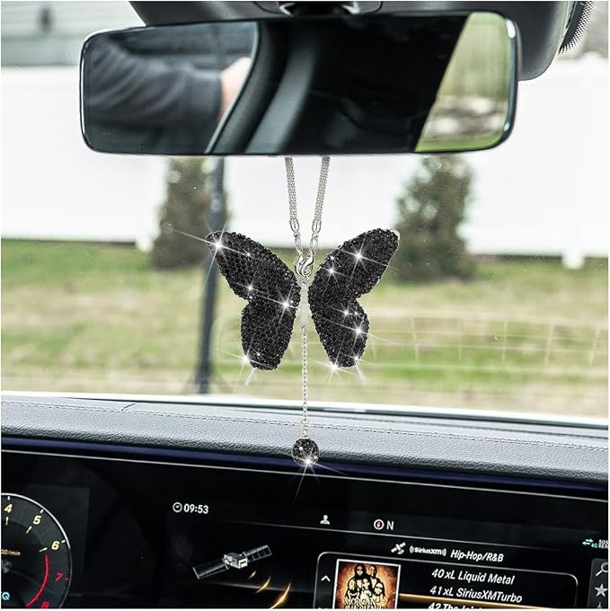 Bling Butterfly Diamond Car Accessories, Crystal Car Rear View Mirror Charms for Women, Car Decoration Lucky Gifts Hanging Interior Crystal Ornament Pendant Decor for All Cars (Black)