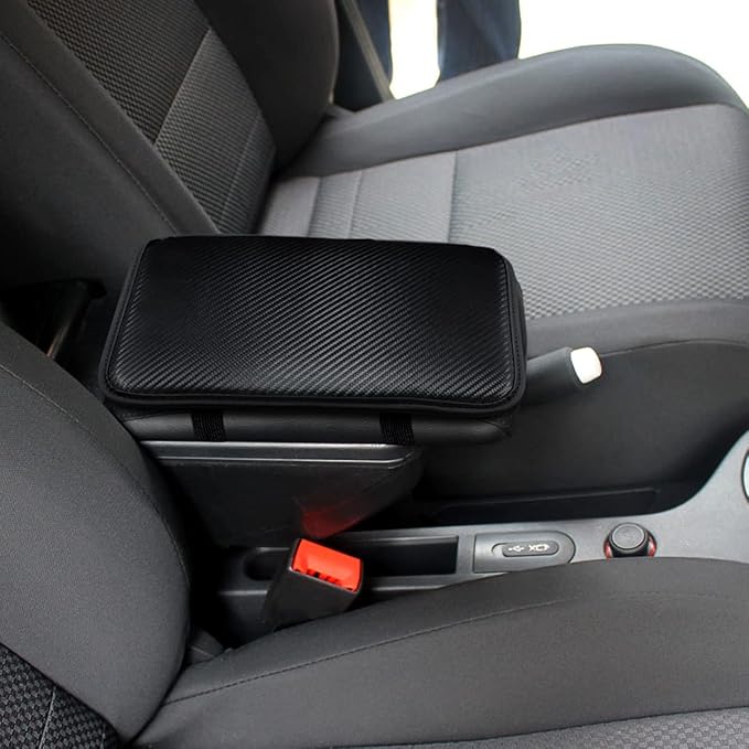 Leather Center Console Cushion Pad, 11.4"x7.4" Waterproof Armrest Seat Box Cover Fit for Most Cars, Vehicles, SUVs, Comfort, Car Interior Protection Accessories (Black/Carbon Fiber)