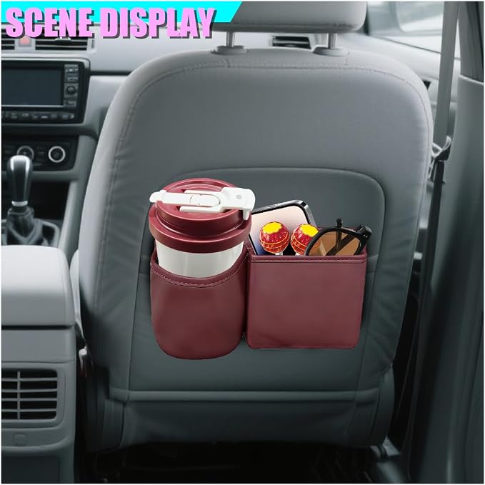 Car Side Door Organizer, Leather Auto Back Seat Storage Pouch with Cup Holder, Car Console Side Trash Can, Universal Vehicle Interior Organizer Pocket for Phone, Coin, Sunglasses (Red)