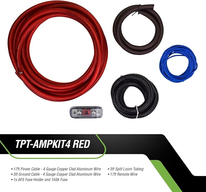 Timpano Amplifier Wiring Kit - 4 Gauge Amp Kit 2000 Watts Car Amplifier Installation CCA Cables Kit – 150 Amp Fuse Single Amp TPT-AMPKIT4 RED