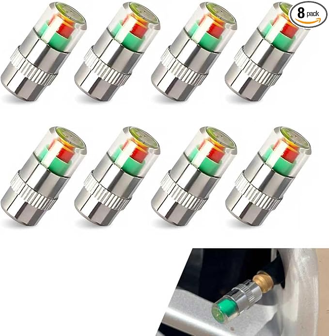 8 PCS Car Tire Pressure Monitor Valve Stem Caps, 2.4Bar 36PSI Tire Pressure Monitor Sensor Indicator, 3 Color Eye Alert Tire Pressure Monitor Valve Caps with Pressure Gauge, Fit for Most Cars