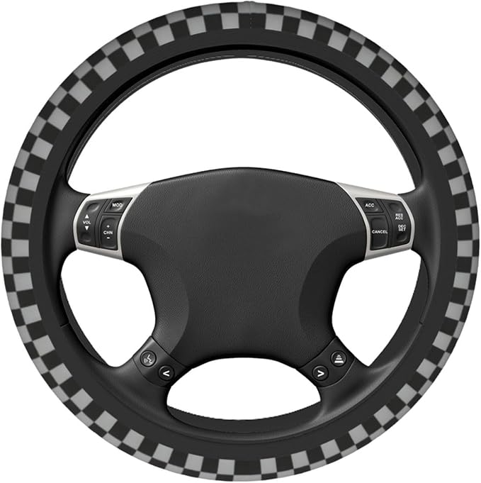 Black Gray Checkerboard Steering Wheel Cover 15 Inch Gray Checkerboard Steering Wheel Cover Anti-Slip Breathable Universal 2 Pcs Car Interior Cup Holder Pad for Men Women