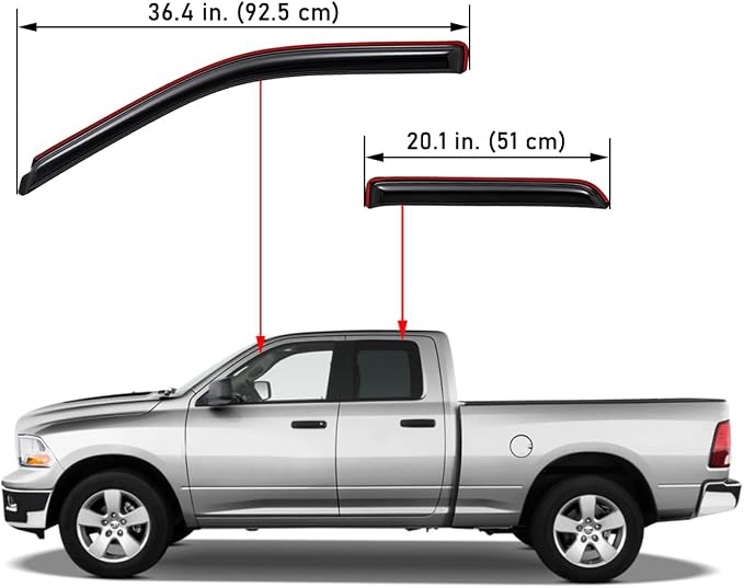 194101 Extra Durable Clip-on In-Channel Auto Vent Window Visors, Fits 2009-2010 Dodge Ram 1500, 2011-2018 Ram 1500, 2019-2024 Ram 1500 Classic, Quad Cab, UV-Protect Rain Guard, Smoke, 4-Pcs